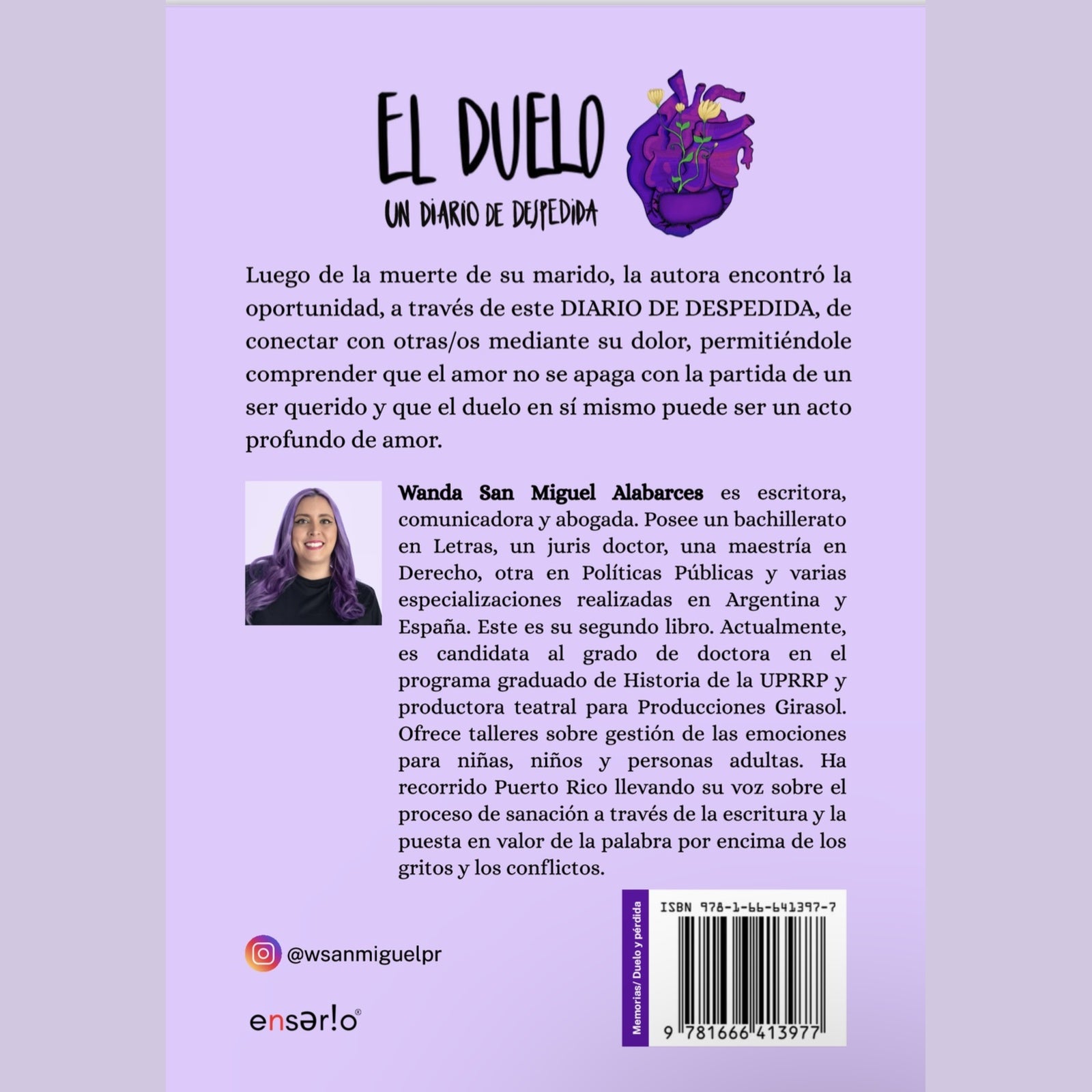 Contraportada de El Duelo: Un Diario de Despedida, con la sinopsis y la biografía de la autora Wanda San Miguel Alabarces.