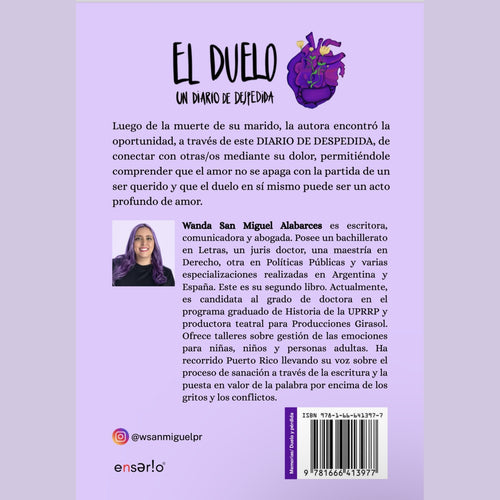 Contraportada de El Duelo: Un Diario de Despedida, con la sinopsis y la biografía de la autora Wanda San Miguel Alabarces.