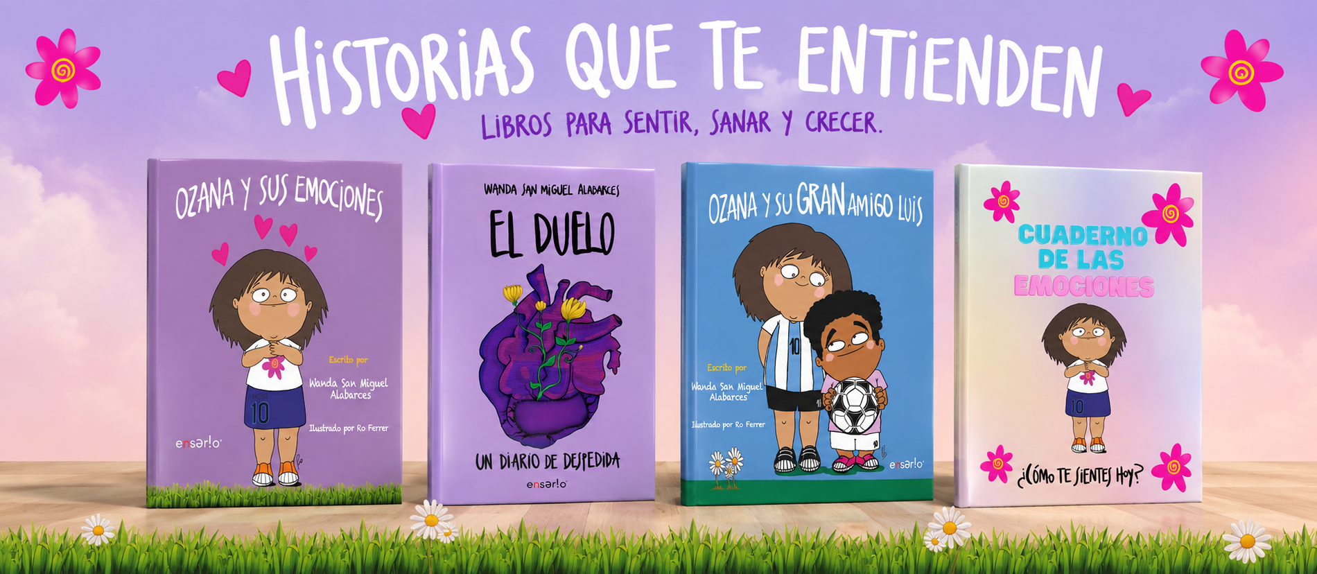 Banner de Mundo Ozana con los libros Ozana y sus Emociones, El Duelo, Gran Amigo Luis y Cuaderno de las Emociones.
