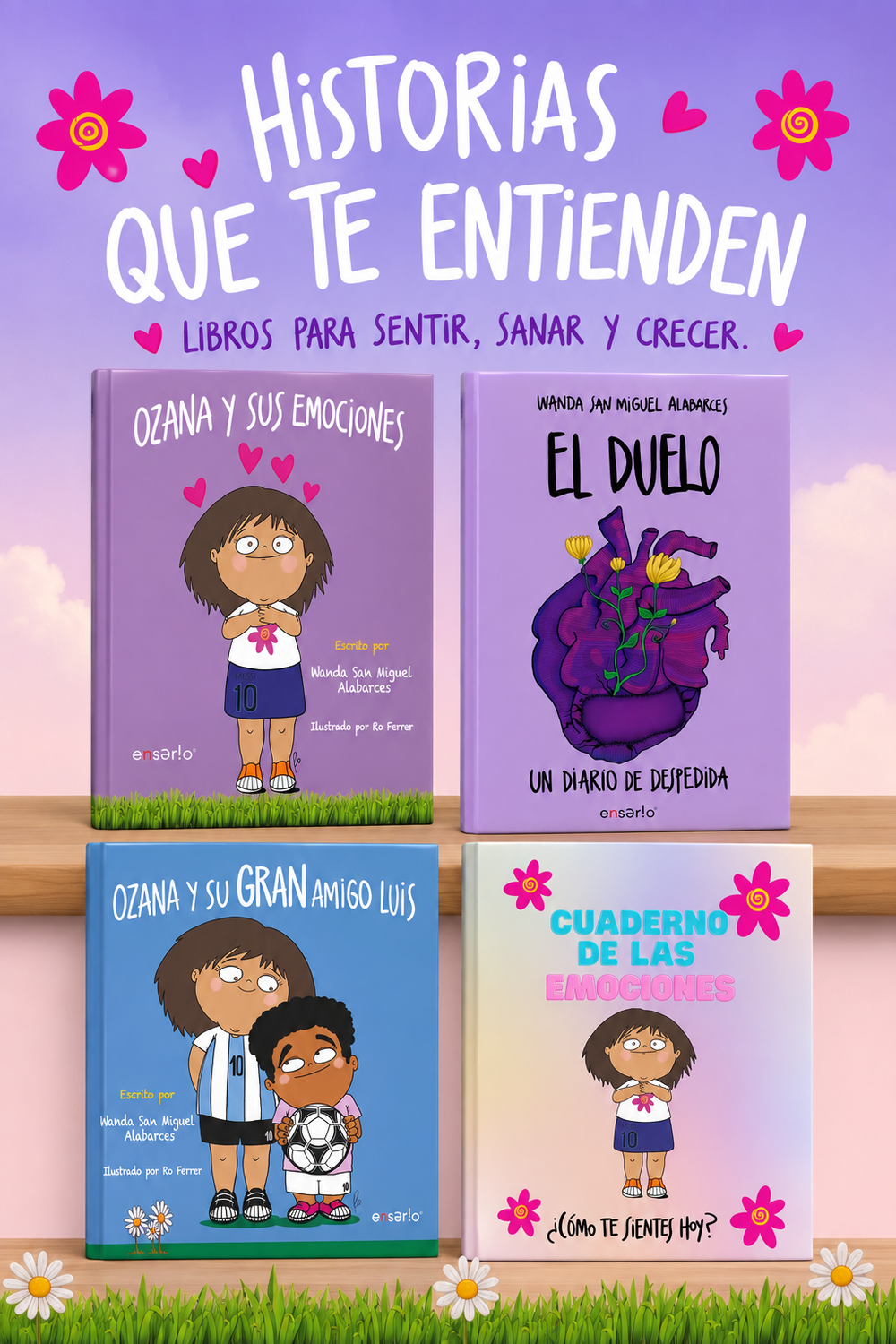 Banner móvil de Mundo Ozana con sus cuatro libros infantiles de emociones y el lema Historias que te entienden.