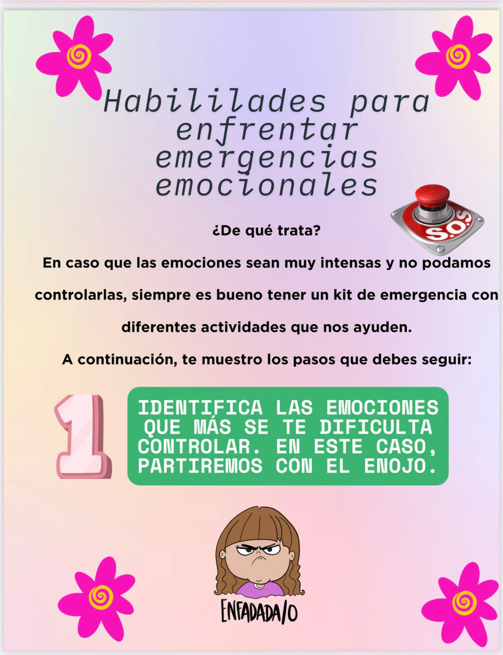 Infografía de Mundo Ozana con habilidades para enfrentar emergencias emocionales paso a paso.