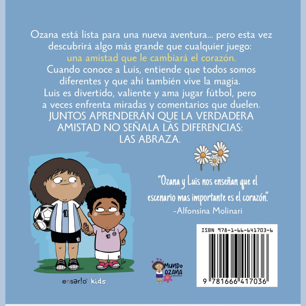 Contraportada de Ozana y su Gran Amigo Luis con la sinopsis sobre amistad, inclusión y aceptación de las diferencias.