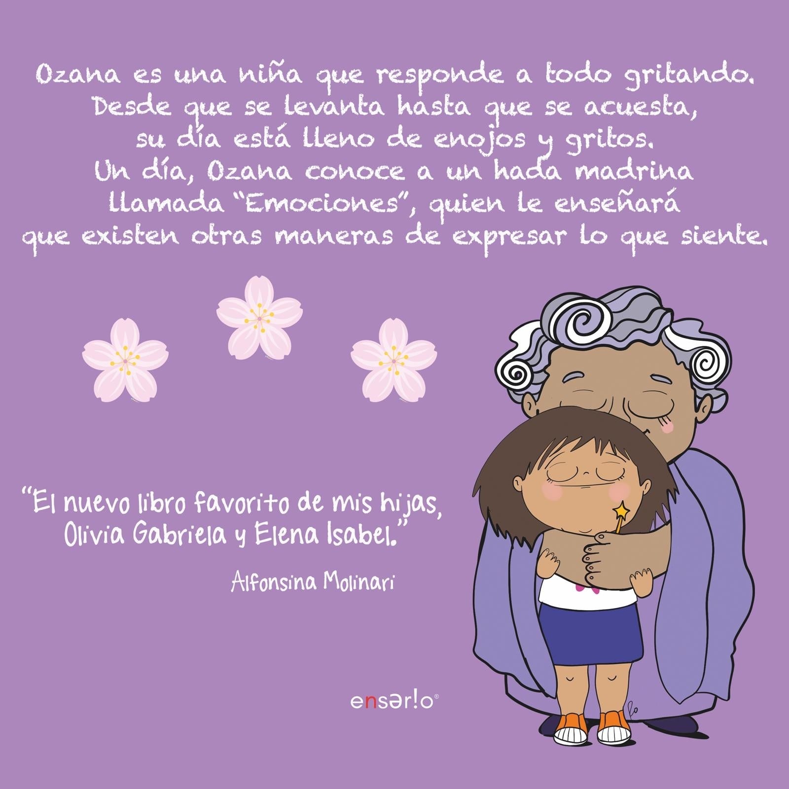 Contraportada de Ozana y sus Emociones con la sinopsis del cuento y la reseña de la educadora Alfonsina Molinari.