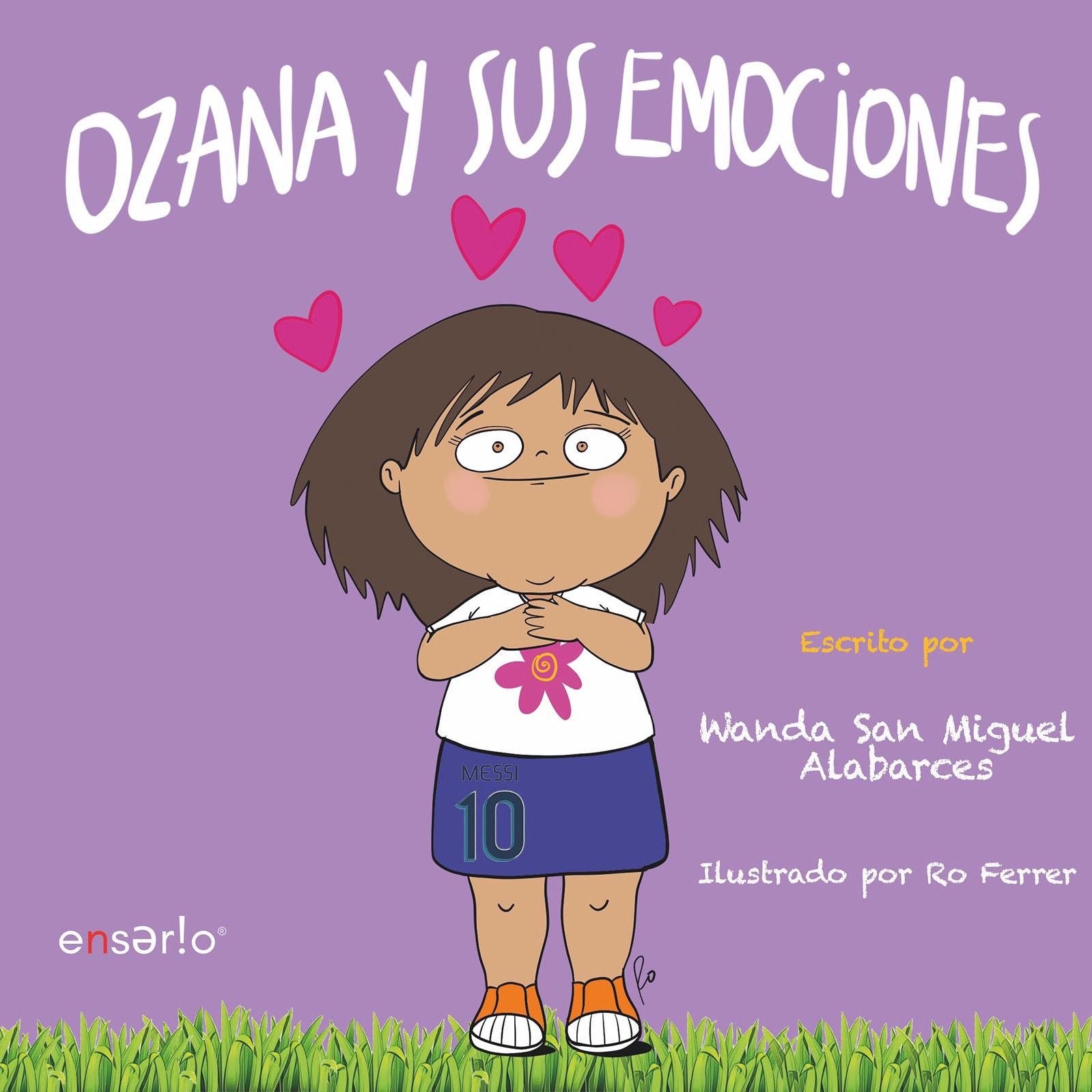 Portada de Ozana y sus Emociones sobre fondo morado, con Ozana abrazándose rodeada de corazones.