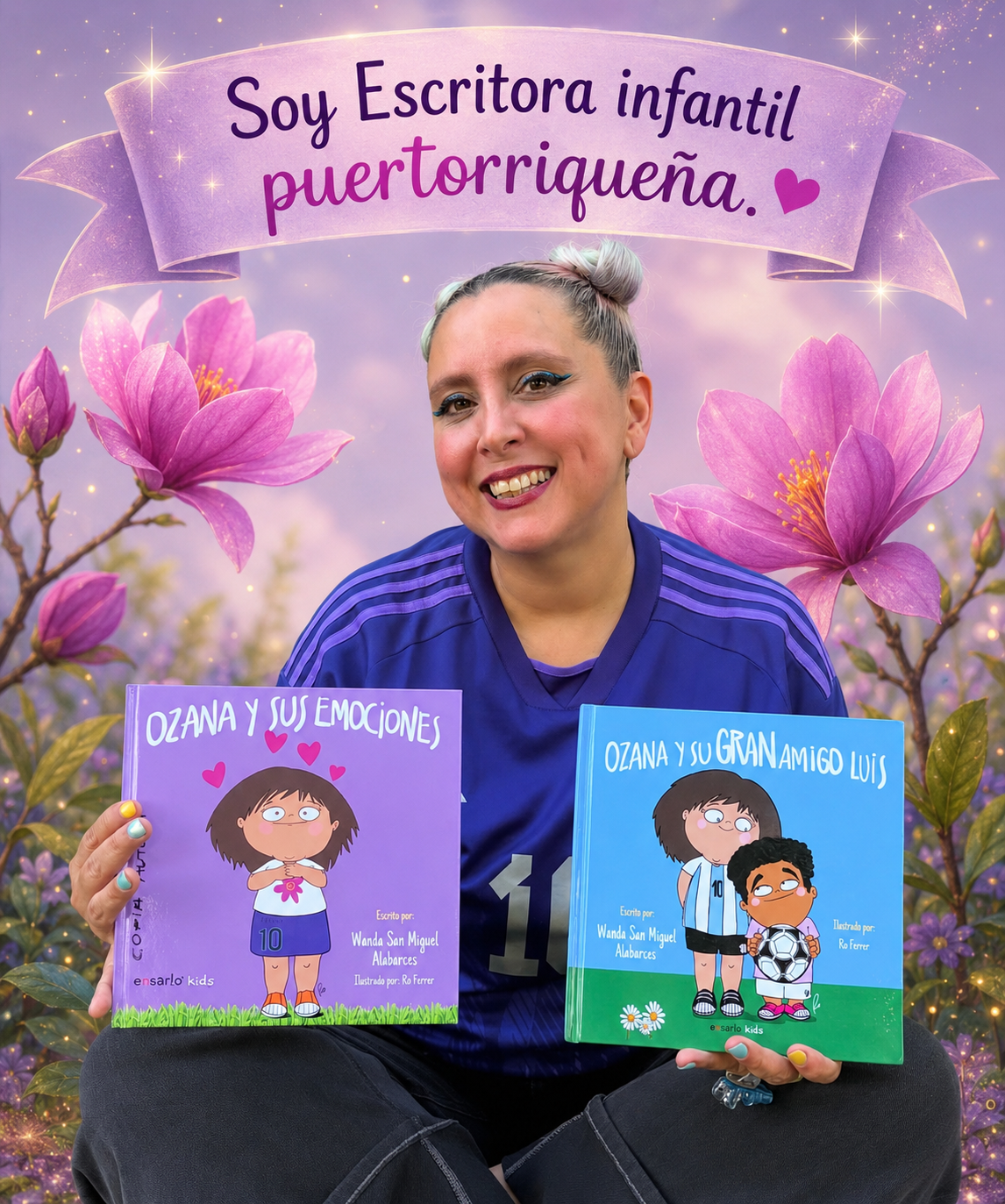 Wanda San Miguel Alabarces, escritora infantil puertorriqueña, sostiene sus dos libros de Mundo Ozana.